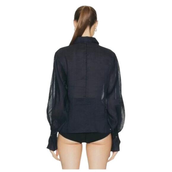 Frame Long Sleeve Ramie Blouse Navy Blue Size Medium - Picture 2 of 12